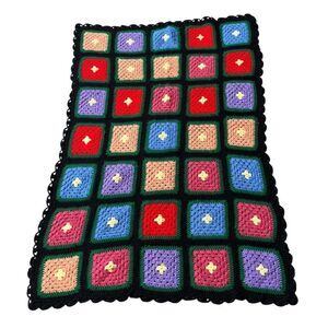 Handmade Crochet Granny Square Afghan Throw Blanket Dark Colors Black Purple Red